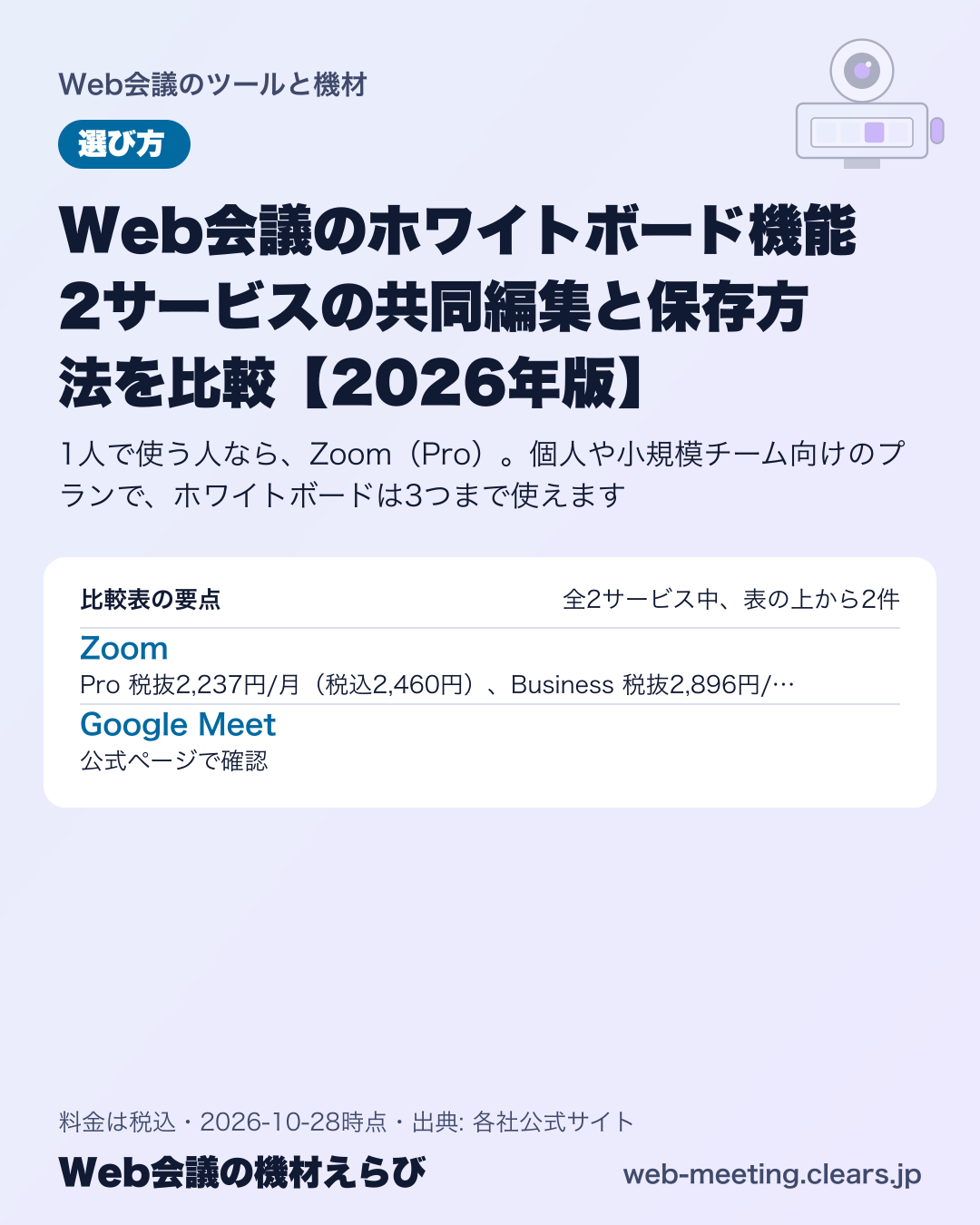 Web会議のホワイトボード機能 2サービスの共同編集と保存方法を比較【2026年版】の比較表の要点