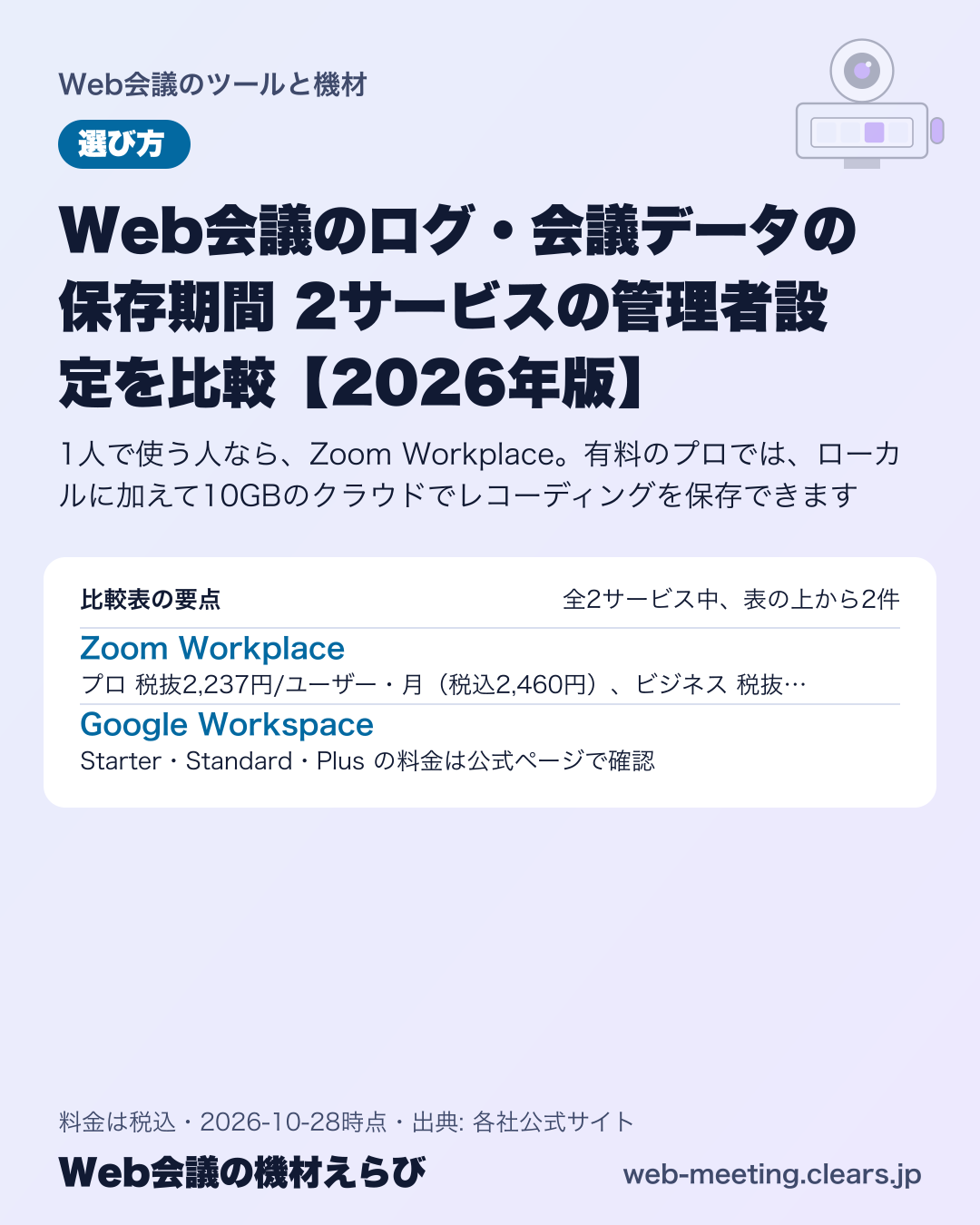 Web会議のログ・会議データの保存期間 2サービスの管理者設定を比較【2026年版】の比較表の要点