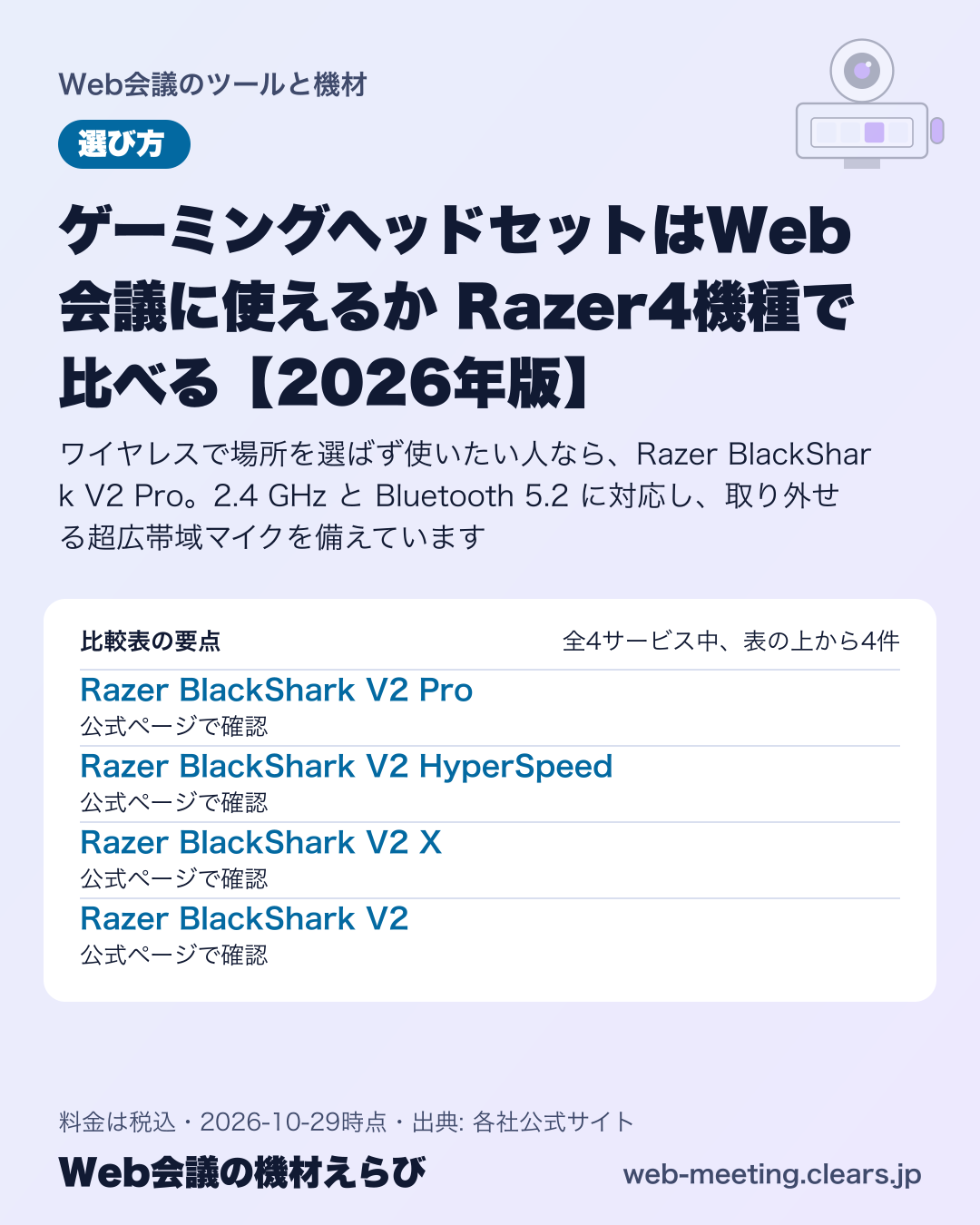 ゲーミングヘッドセットはWeb会議に使えるか Razer4機種で比べる【2026年版】の比較表の要点