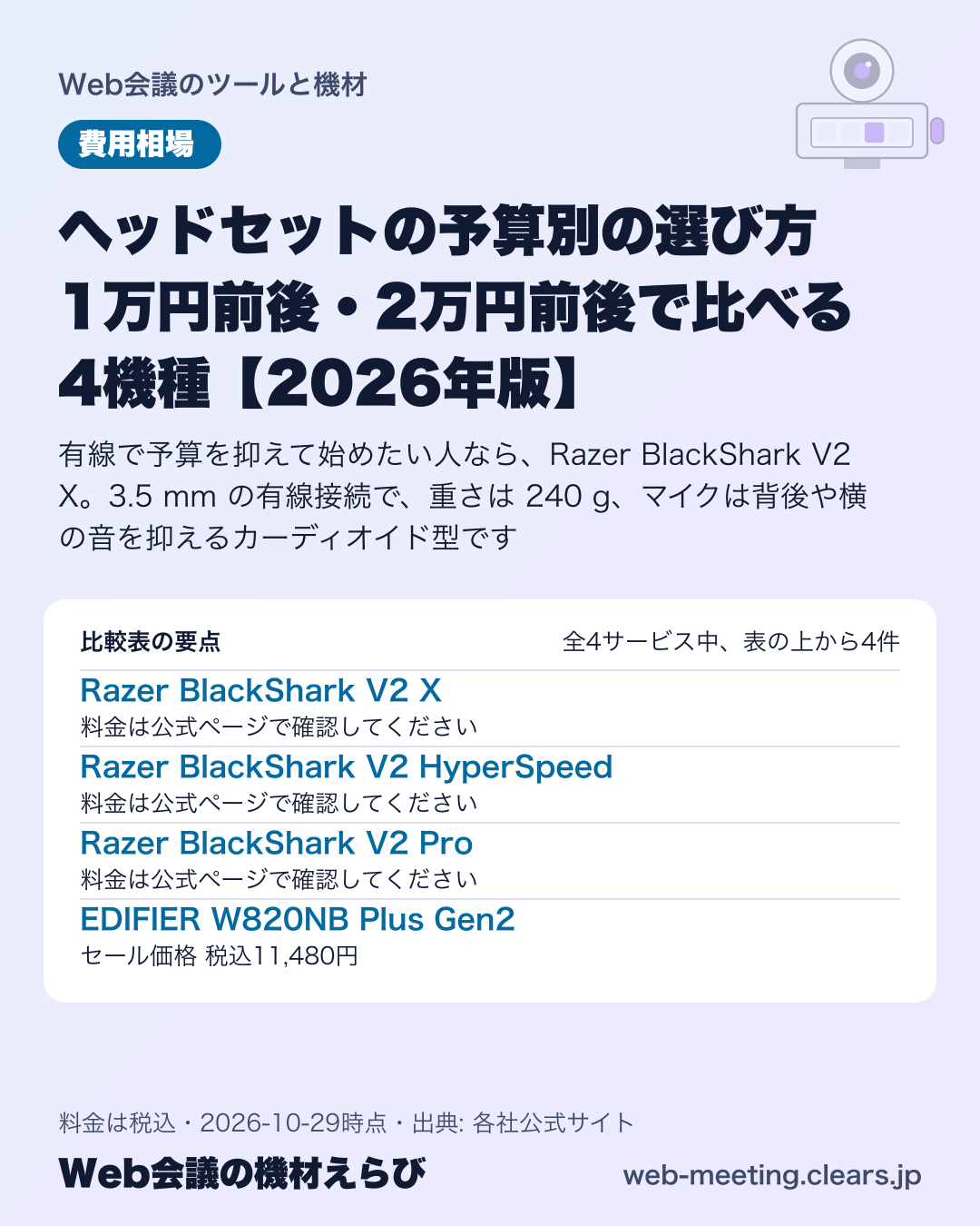 ヘッドセットの予算別の選び方 1万円前後・2万円前後で比べる4機種【2026年版】の比較表の要点